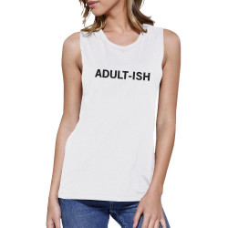 Adult-ish Womens White Sleeveless Crop Top Cute Typography Shirt